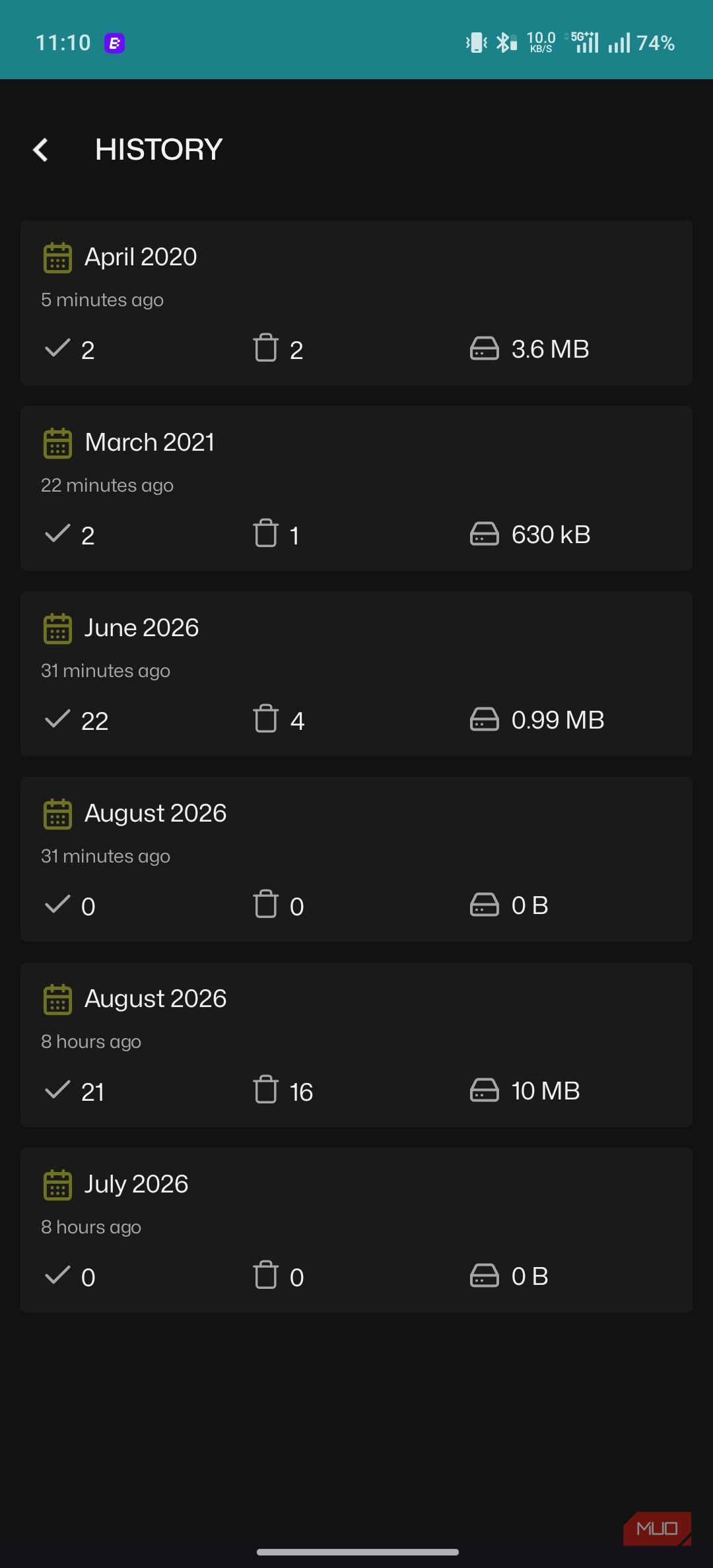 the Sponge app showing cleaning history
