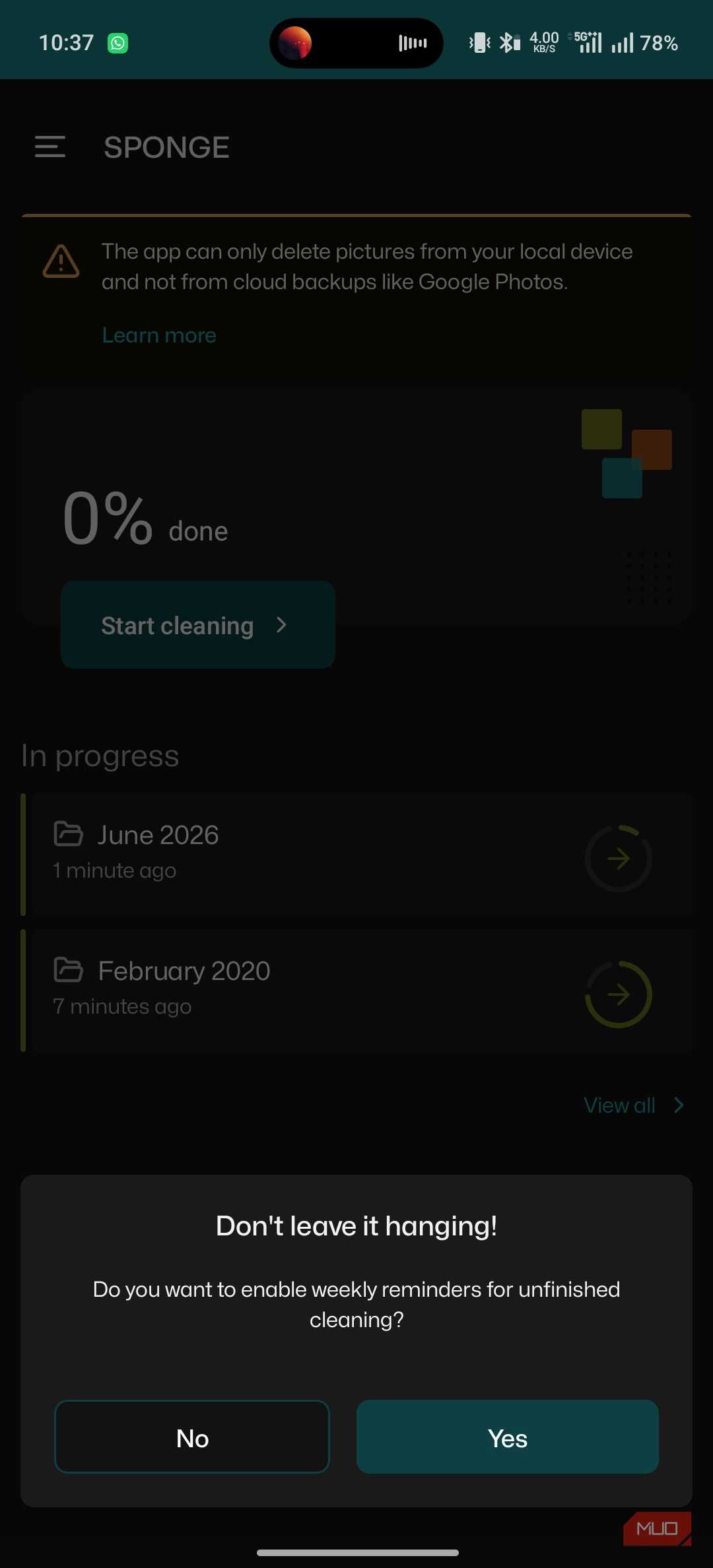 Sponge app asking for reminder options