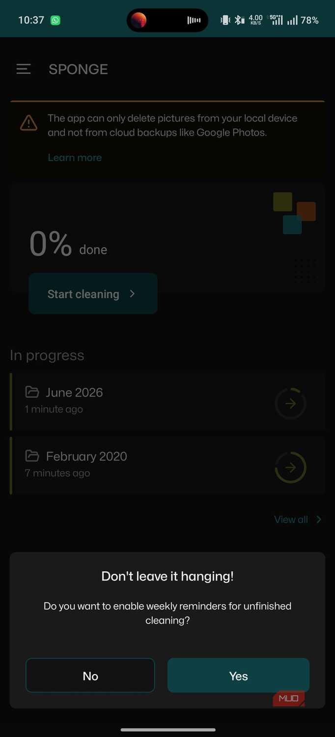 Sponge app asking for reminder options