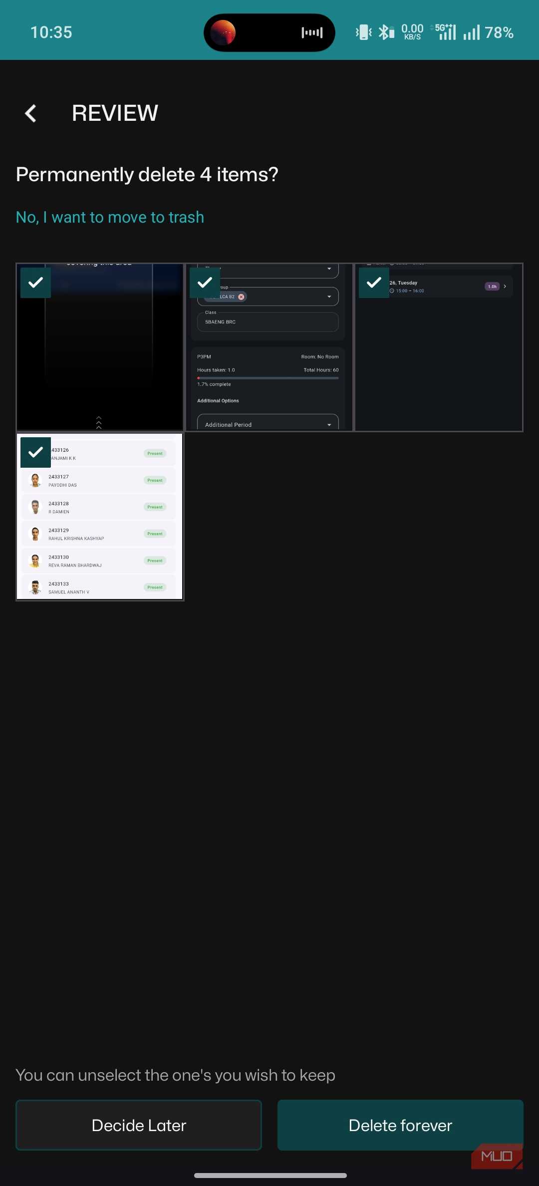 The deletion review interface on Sponge