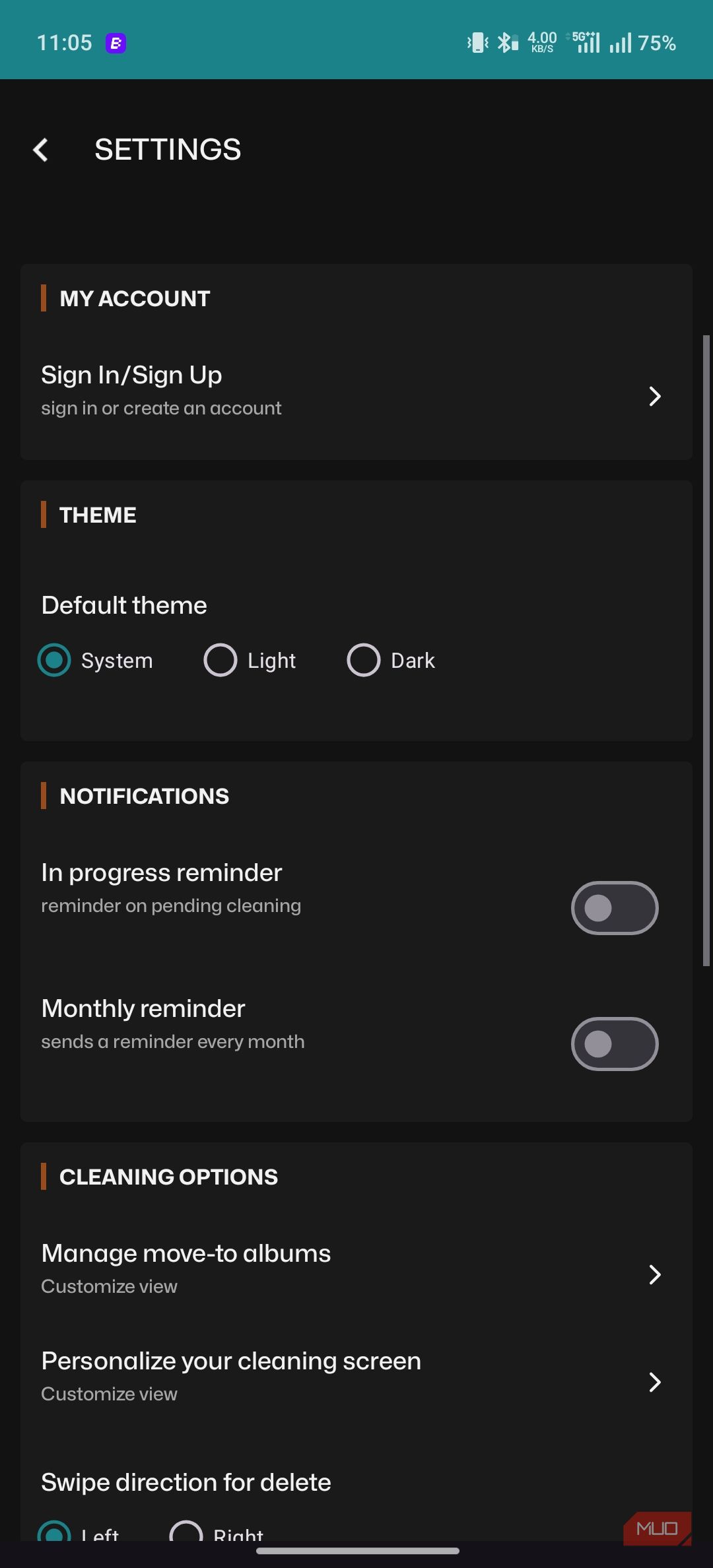 The Settings page of Sponge app