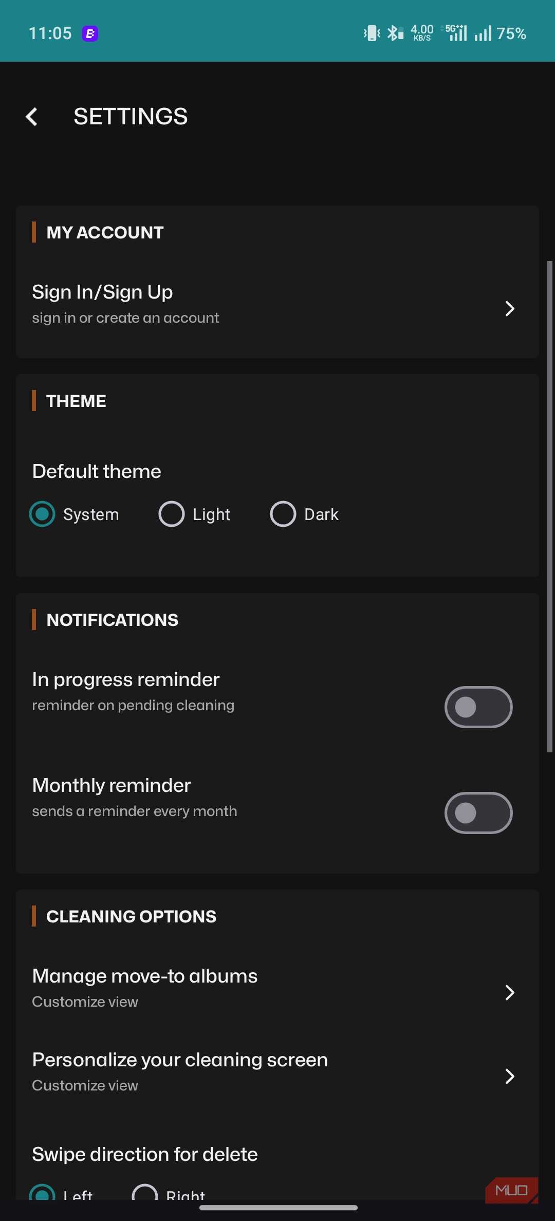 The Settings page of Sponge app