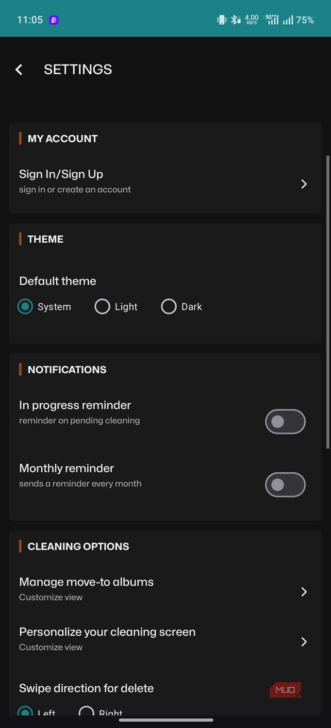 The Settings page of Sponge app