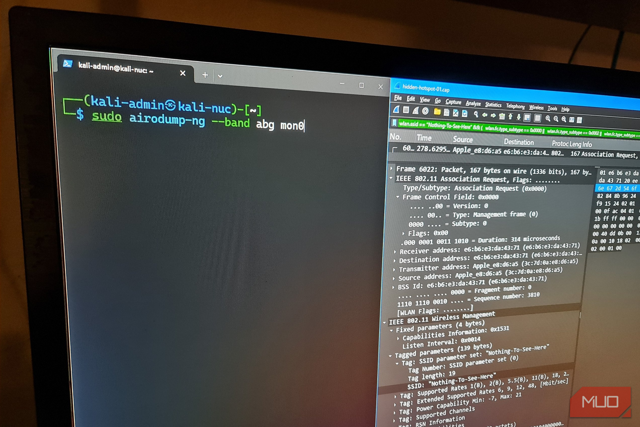 SSH session to Kali Linux running Airodump-ng to capture local Wi-Fi frames and beacons with Wireshark open