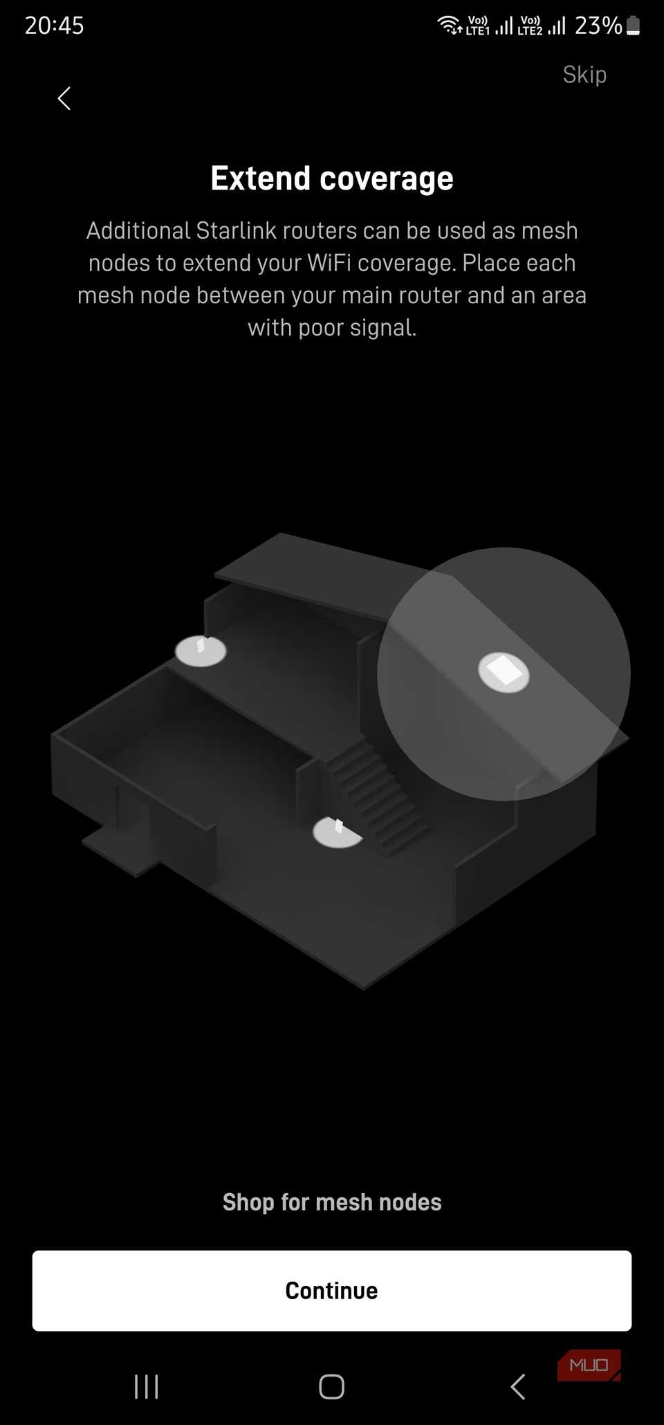 Starlink application recommendations for extended coverage using mesh nodes