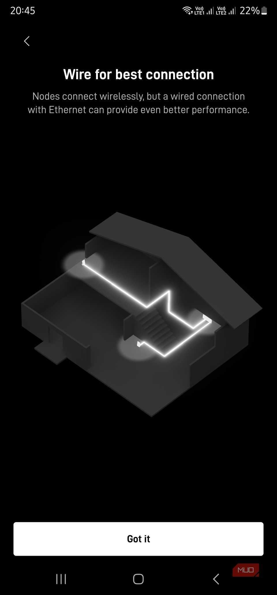 Starlink application recommending wired mesh node setup for best performance