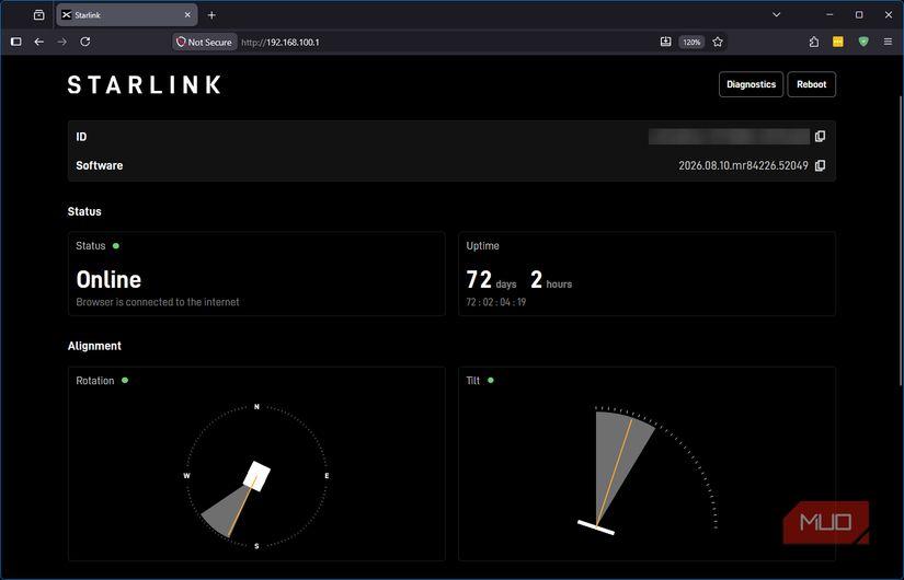 Starlink browser app with alignment and uptime stats