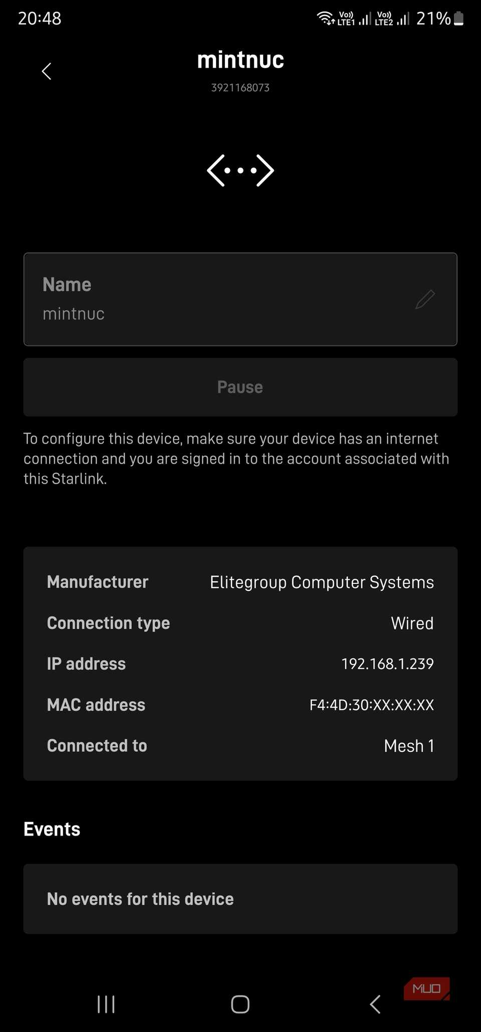 Starlink mobile app with wired client network device specifics