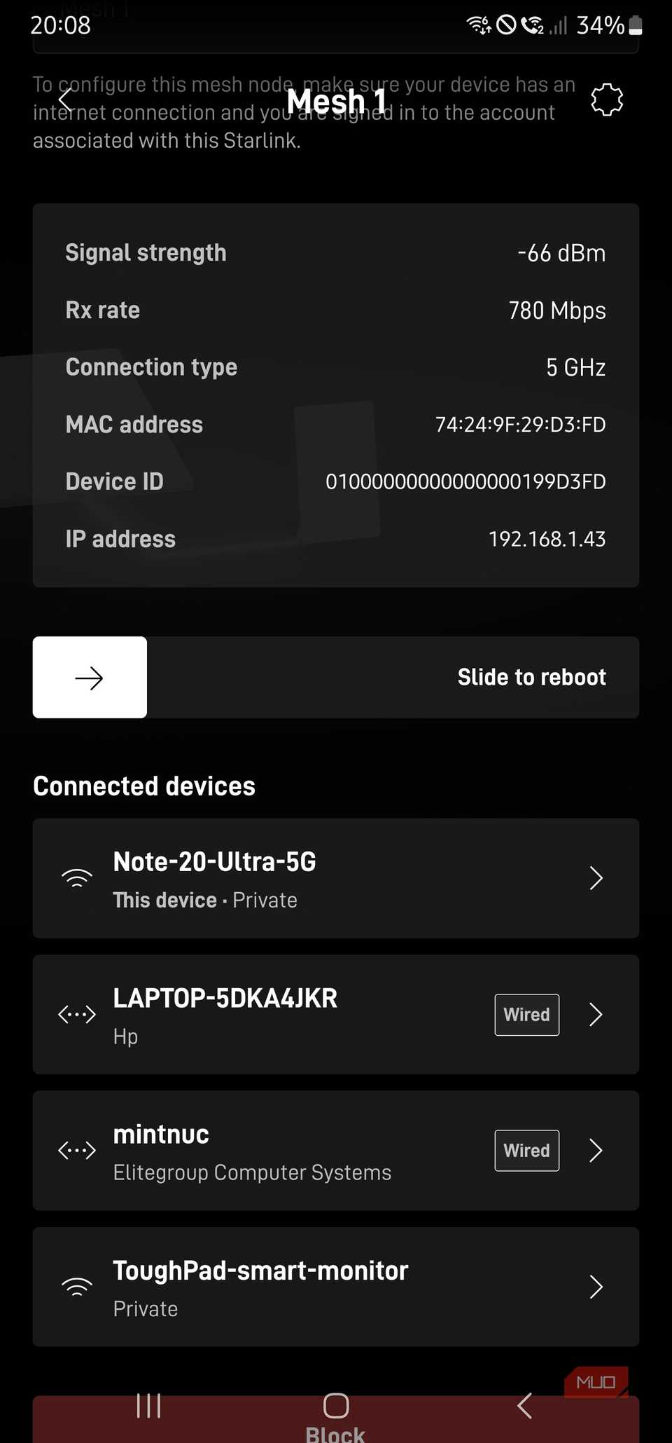 Starlink mobile application with network devices specifically connected to the mesh node