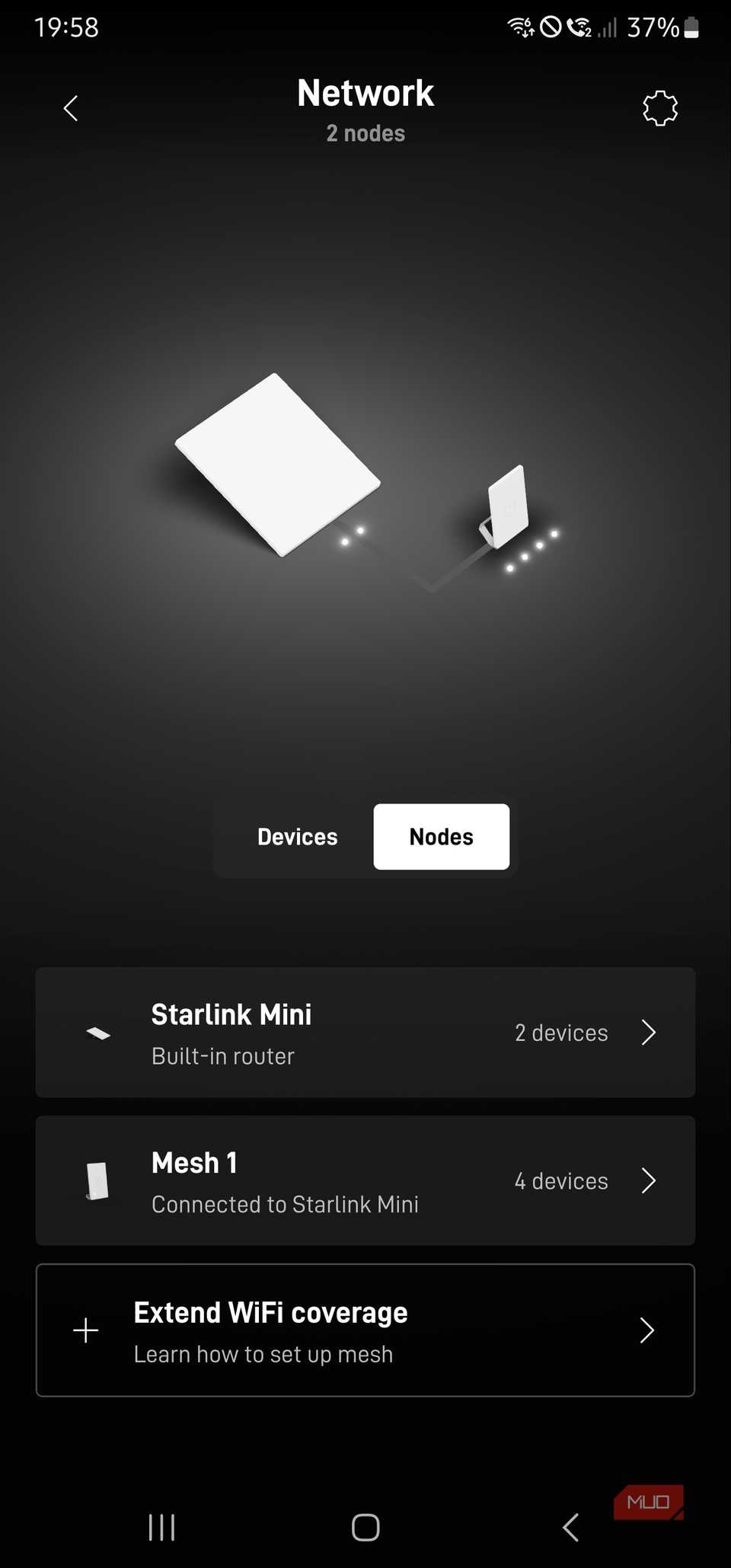 Starlink mobile app with installed mesh node and Starlink Mini