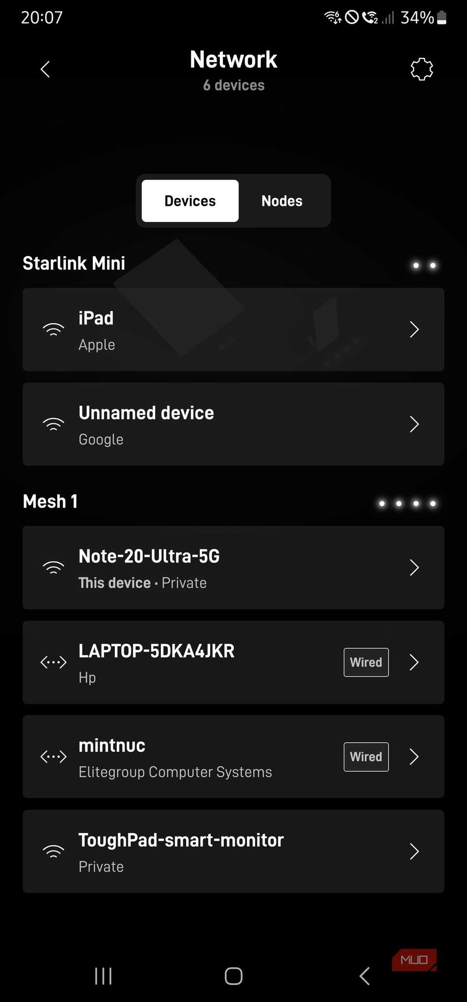 Starlink mobile app network device list with wired and wireless clients