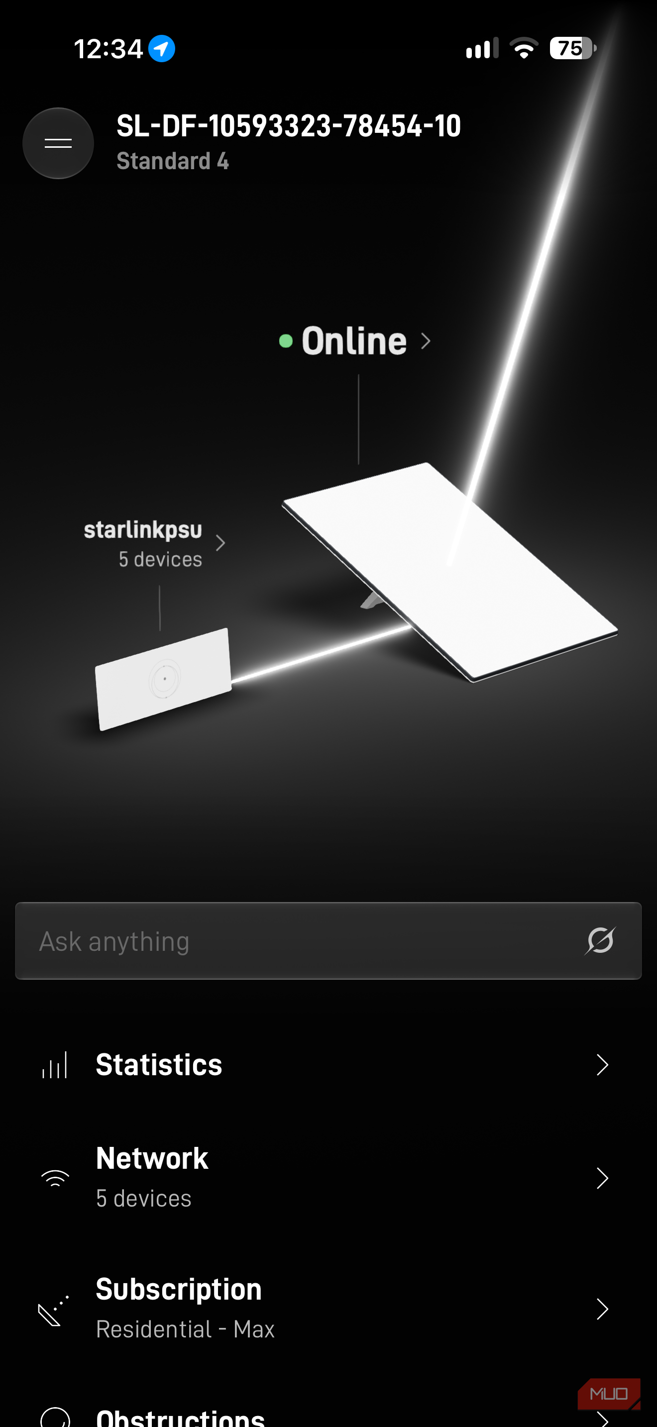 Starlink app settings.