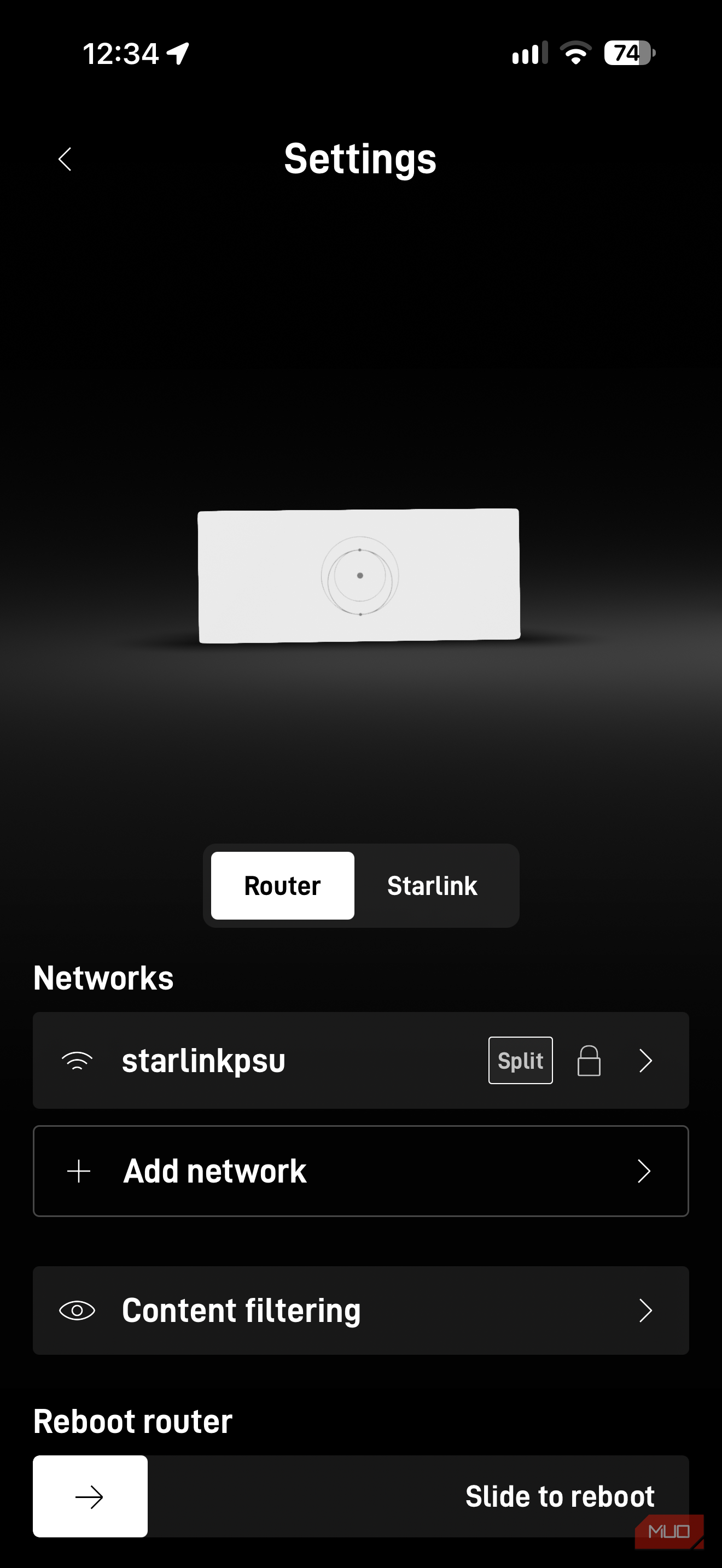 Starlink app settings.