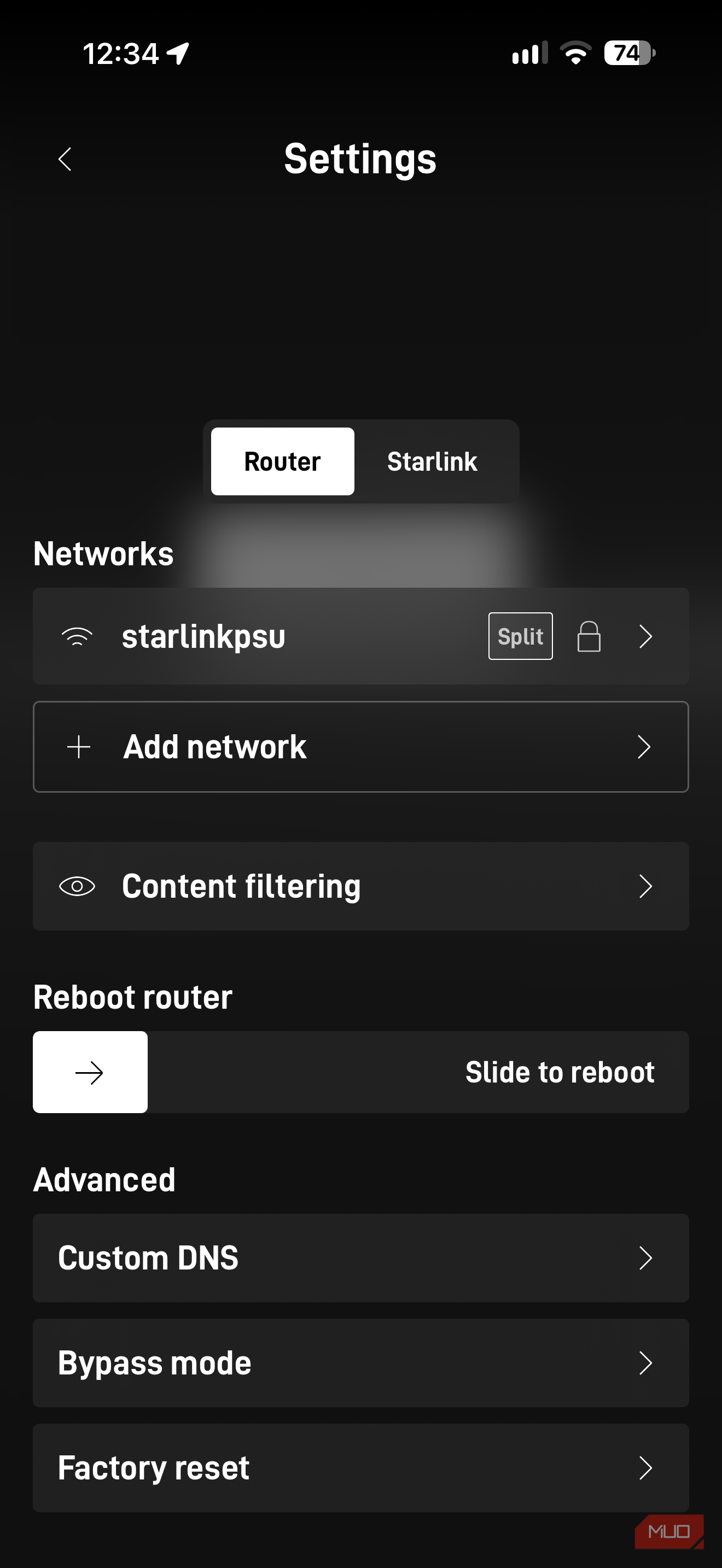 Starlink app settings.
