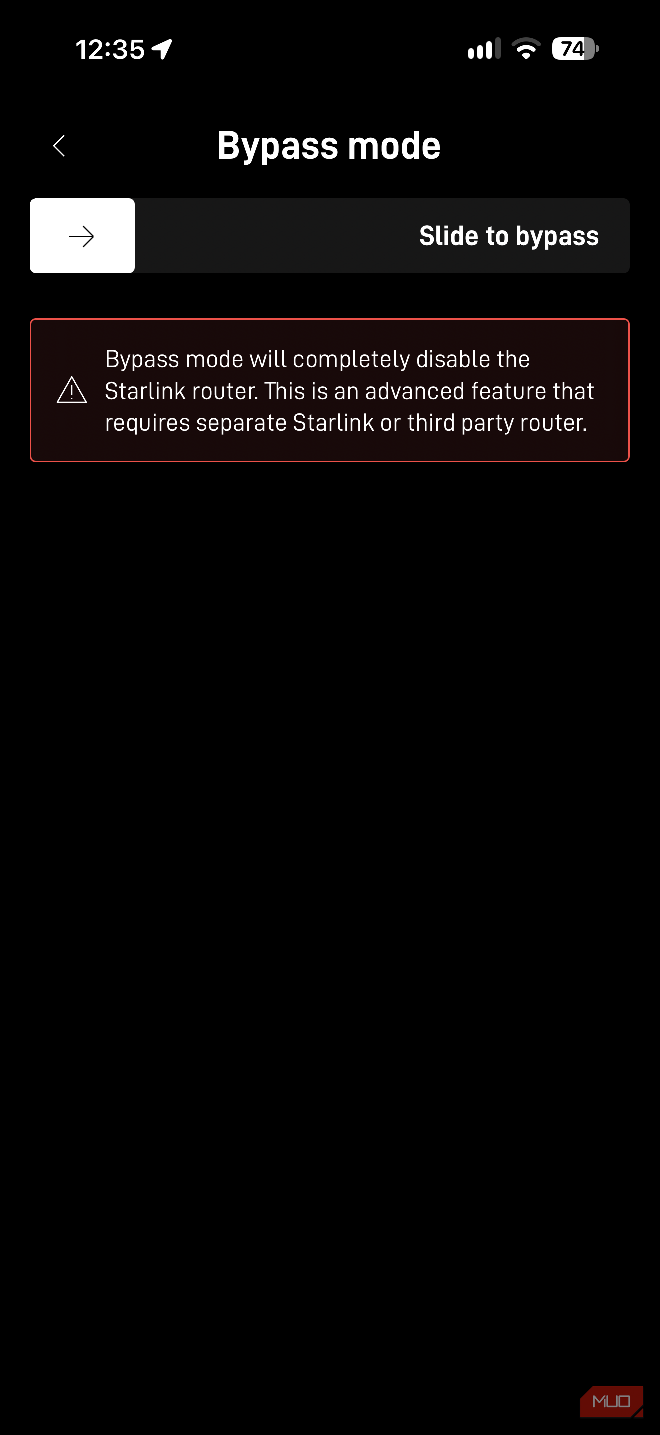Starlink app settings.