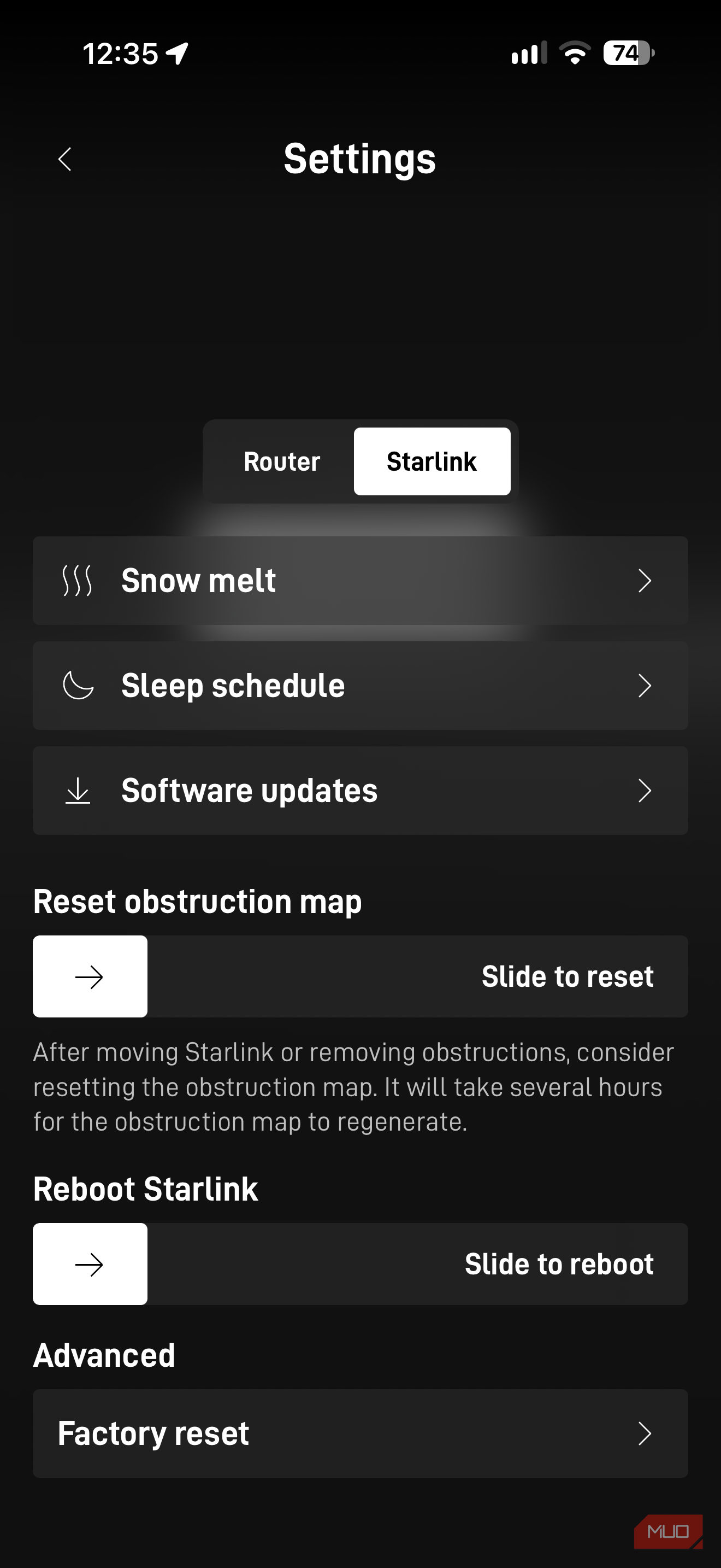 Starlink app settings.