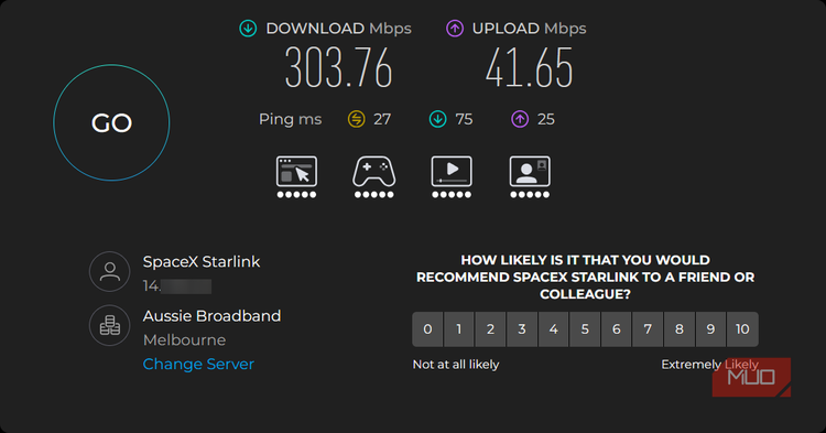 SpaceX Starlink speed test results from PC on Wi-Fi
