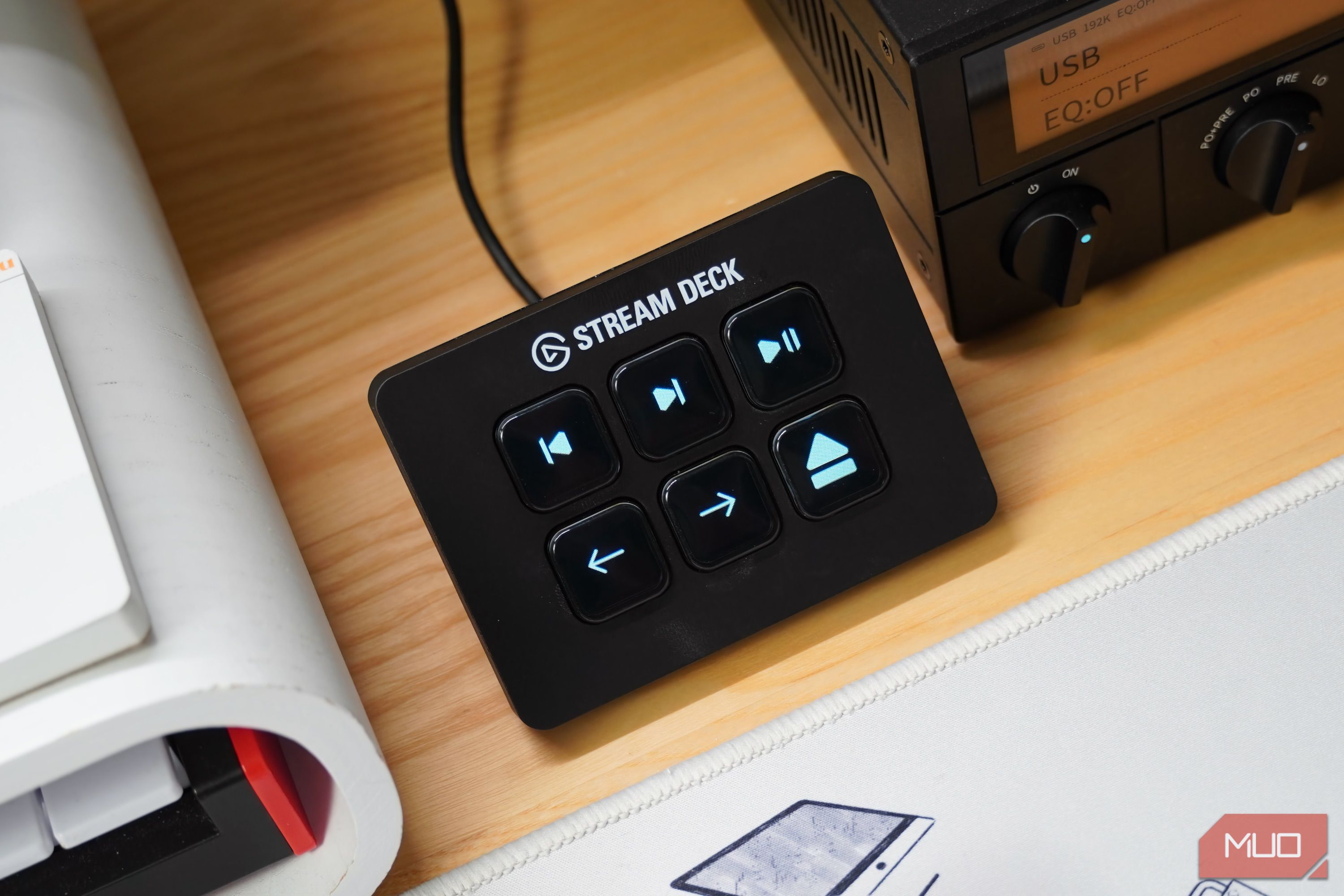 The Stream Deck Neo set up as a media controller.