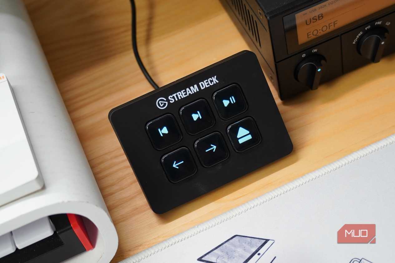 The Stream Deck Neo set up as a media controller.