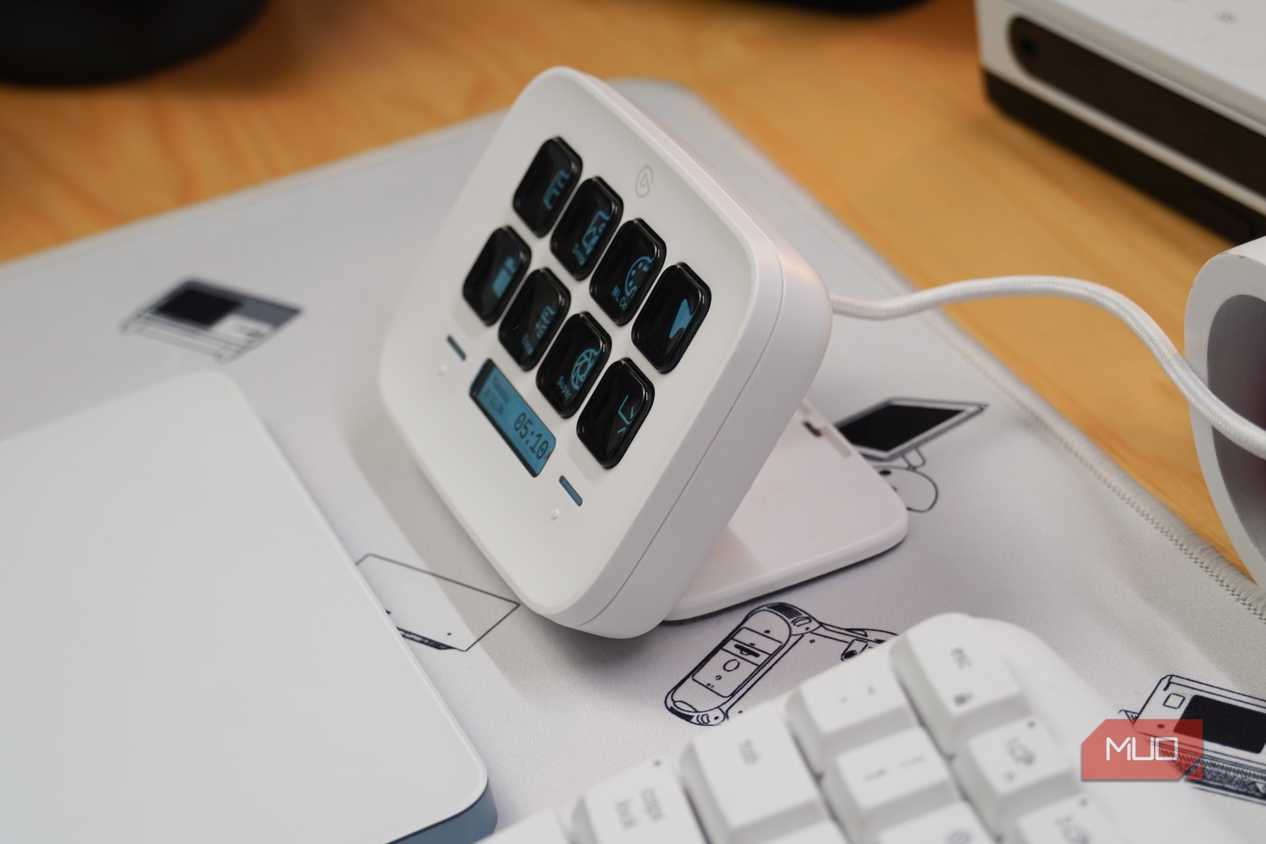 An angled view of the Stream Deck Neo on a desk.