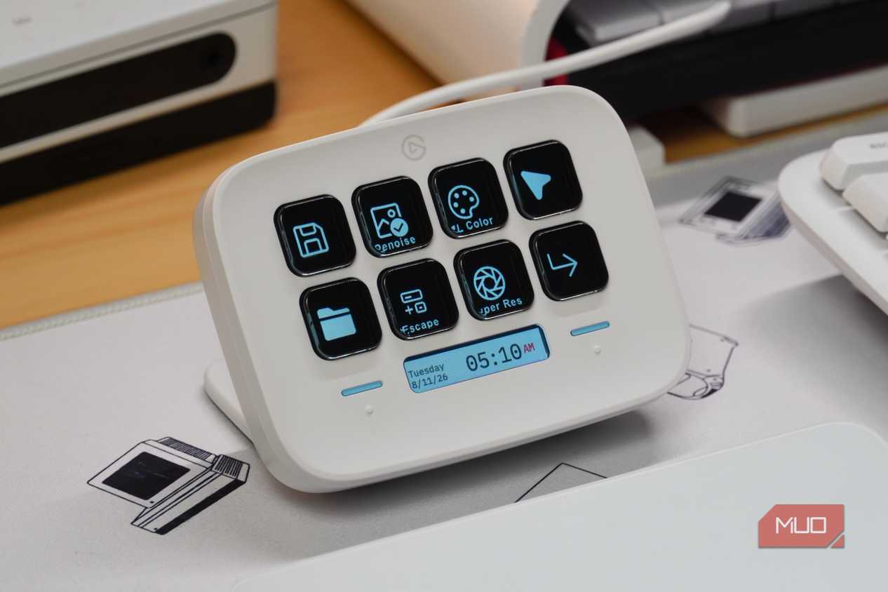 The buttons on a white Stream Deck Neo.