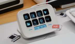The buttons on a white Stream Deck Neo.