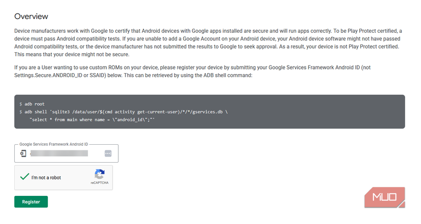 Google uncertified Android registration page