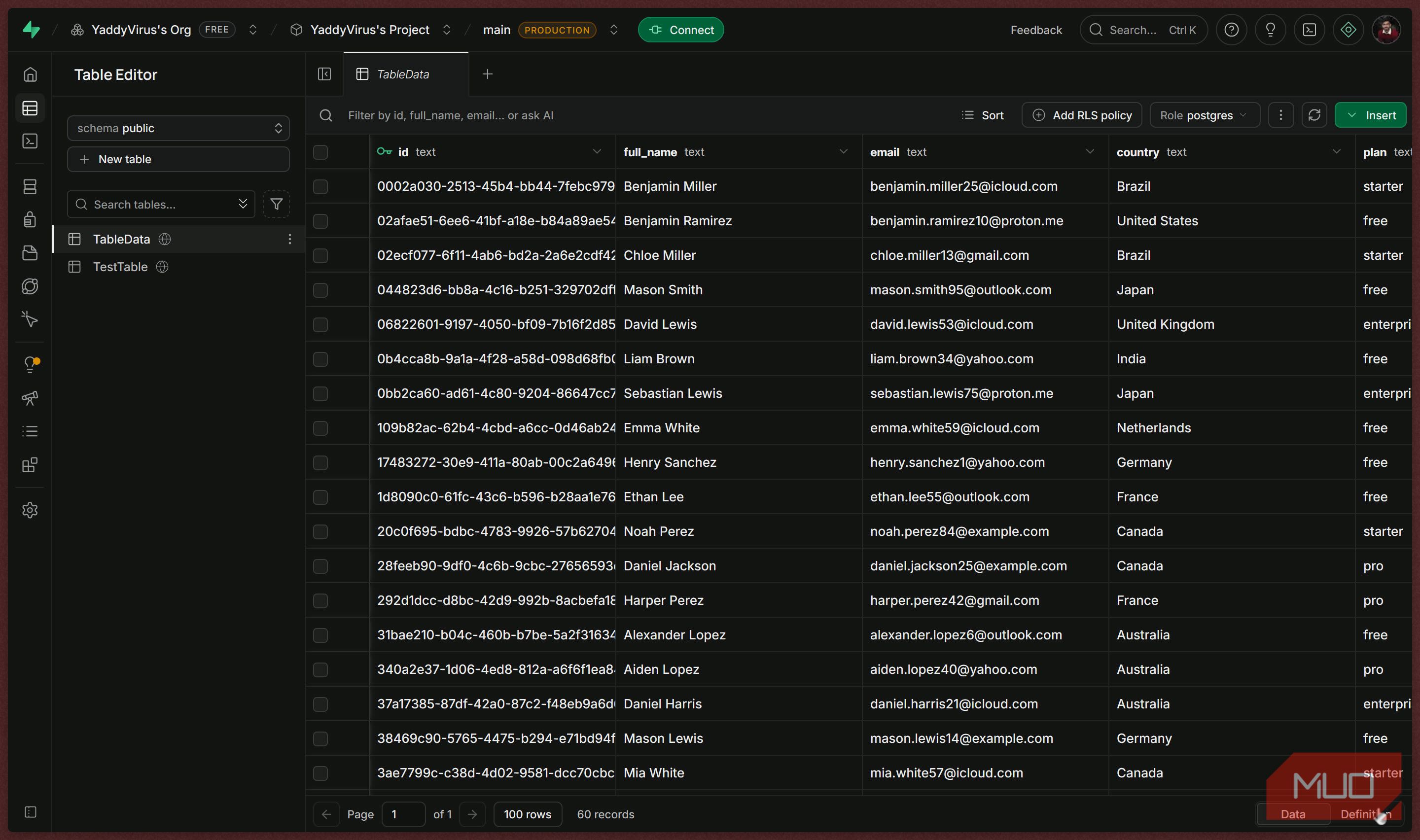 Supabase Table Editor main view
