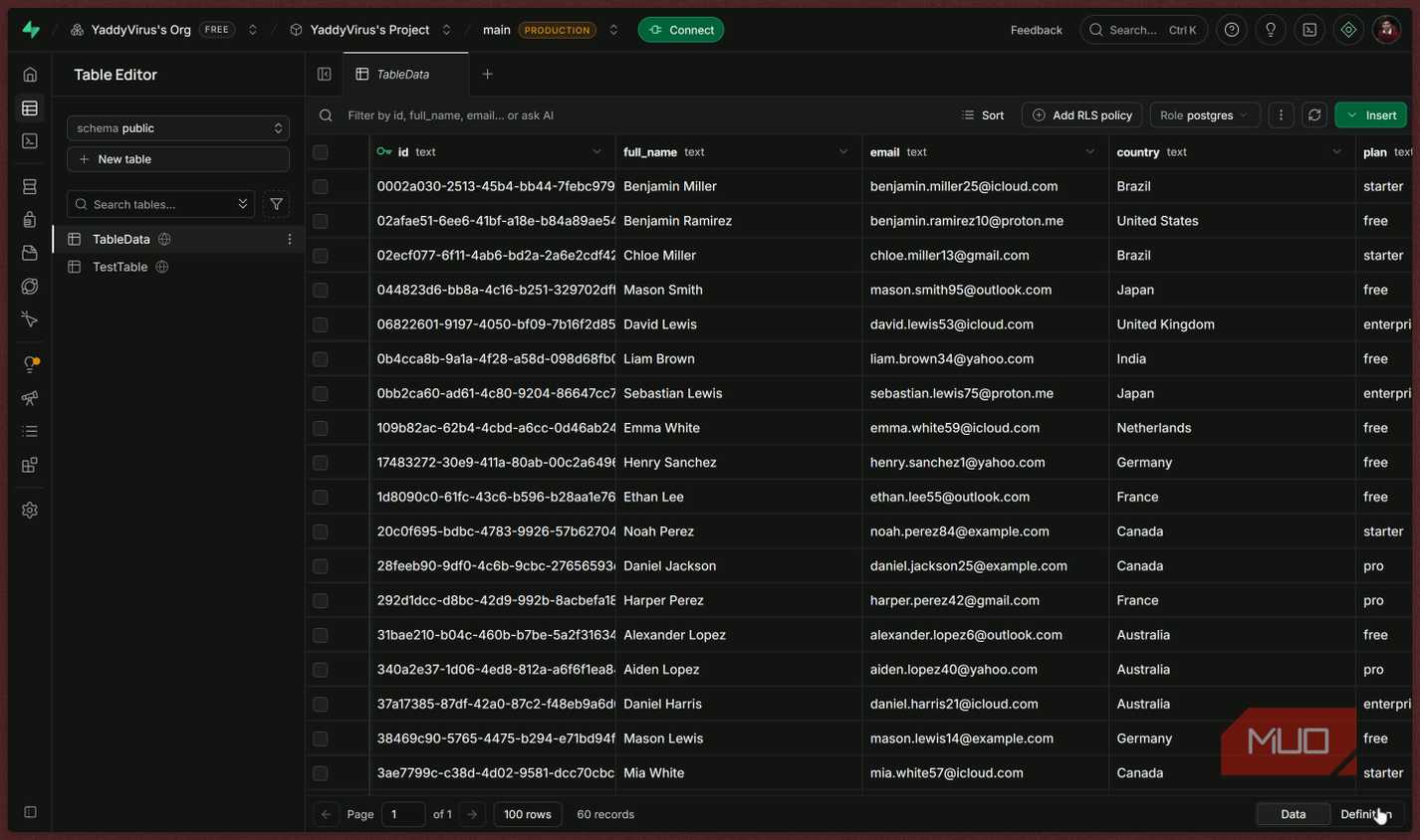 Supabase Table Editor main view