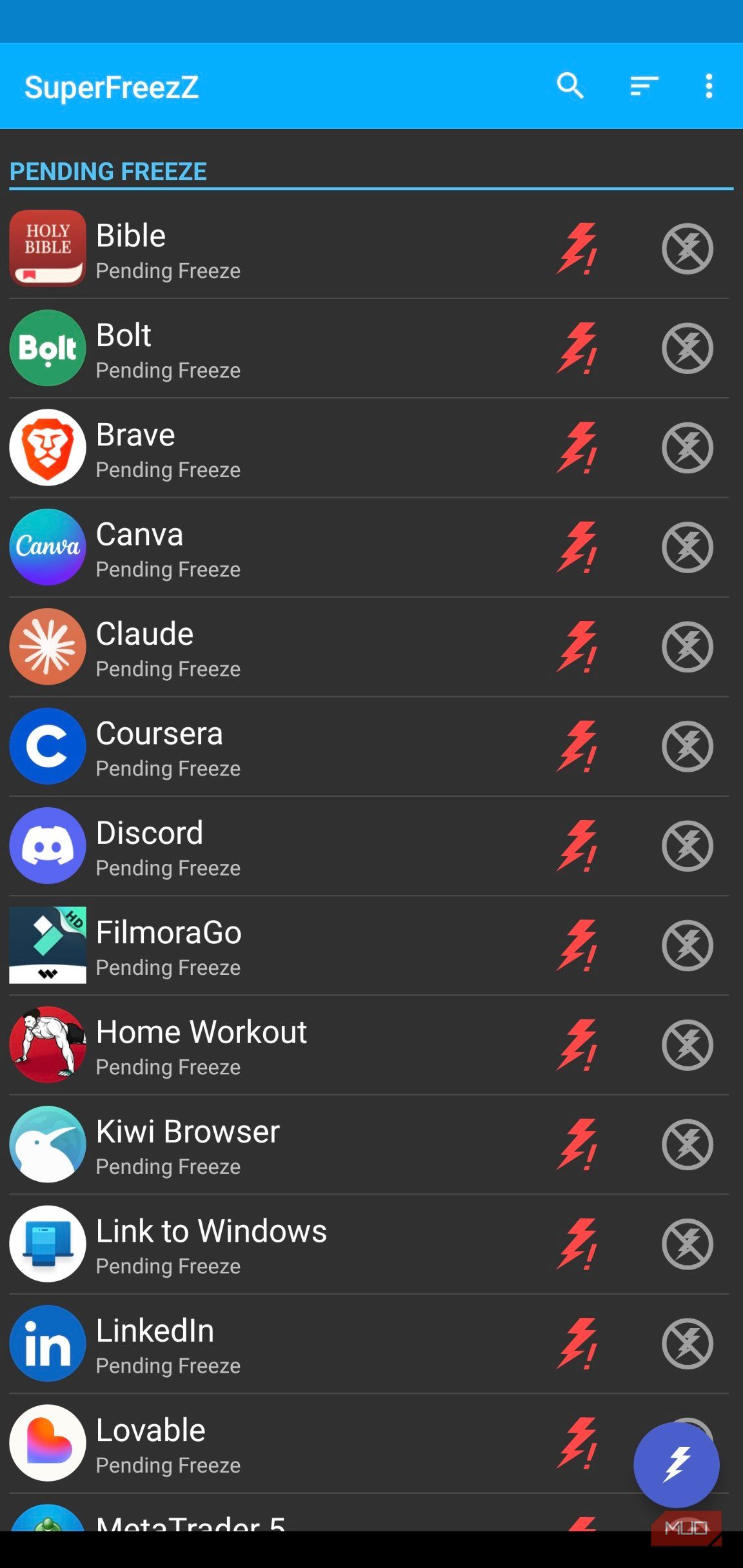 A list of pending freeze apps in SuperFreezZ