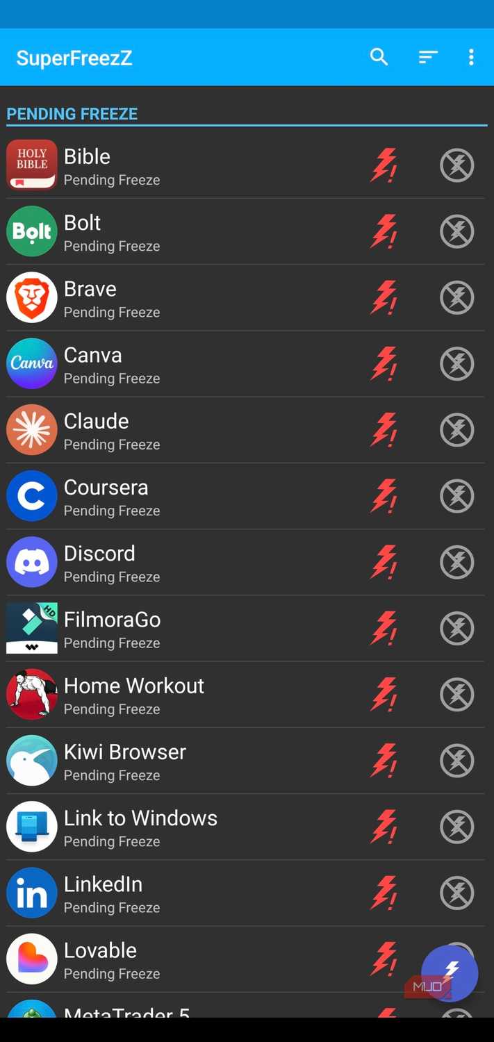 A list of pending freeze apps in SuperFreezZ