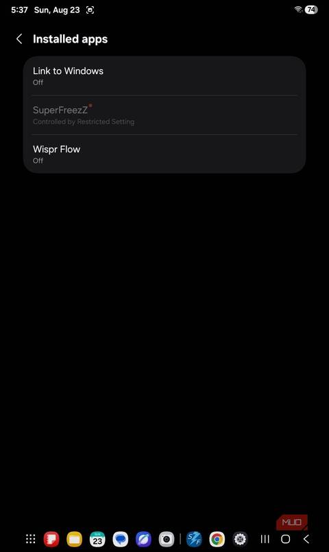 Android screen showing installed apps with SuperFreezZ greyed out because it is controlled by Restricted Setting.