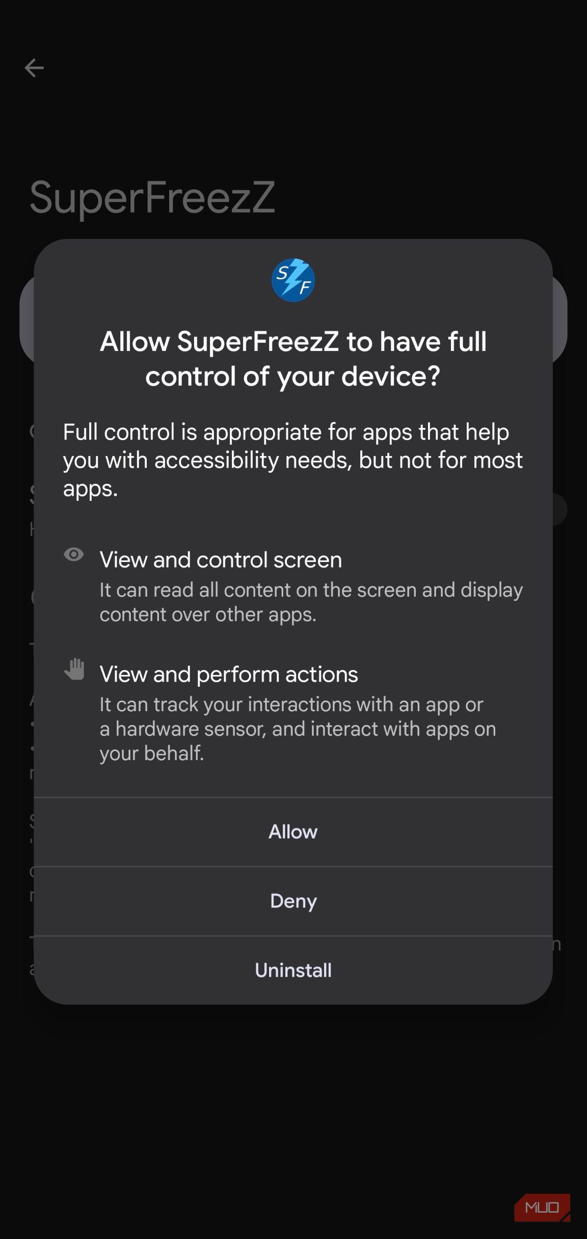 Andeoid asking to allow superfreezz to have full control of your device, with three options response.