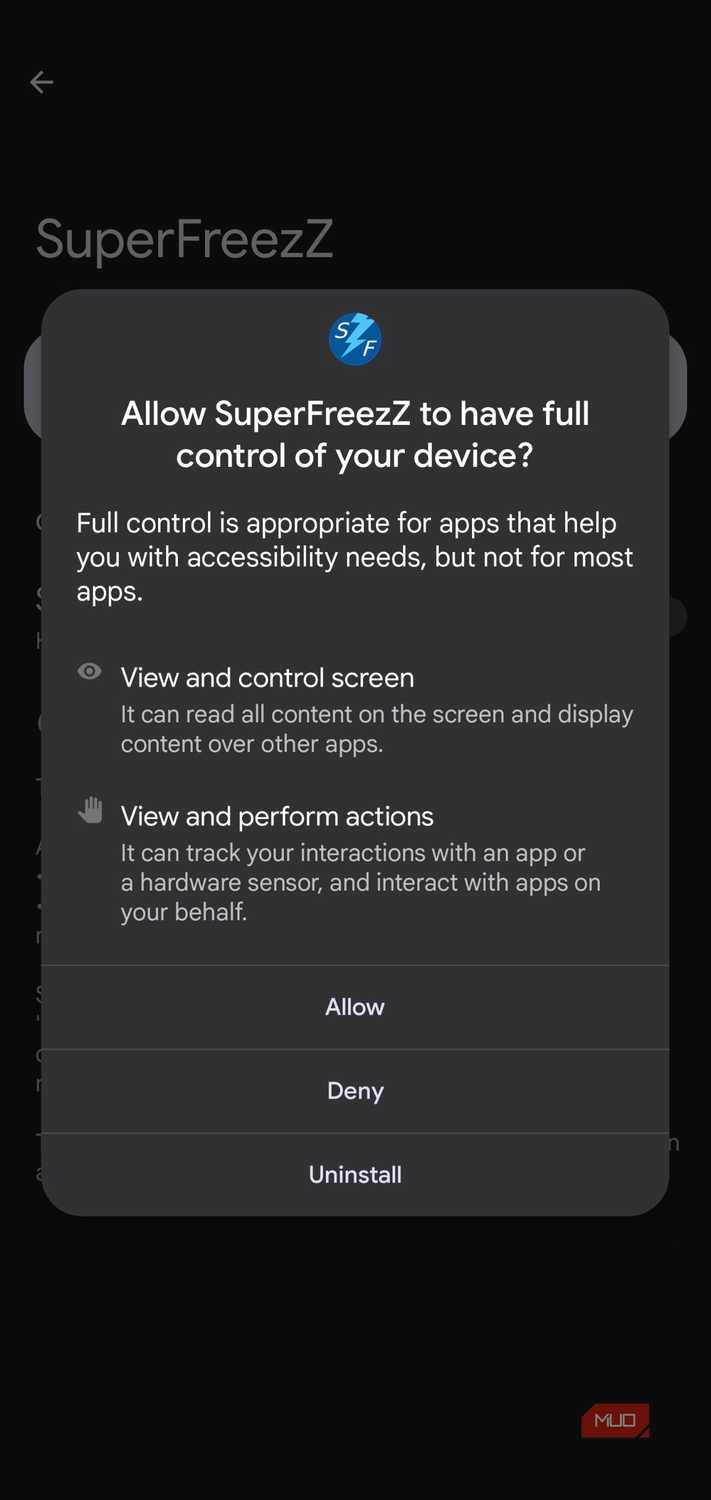 Andeoid asking to allow superfreezz to have full control of your device, with three options response.