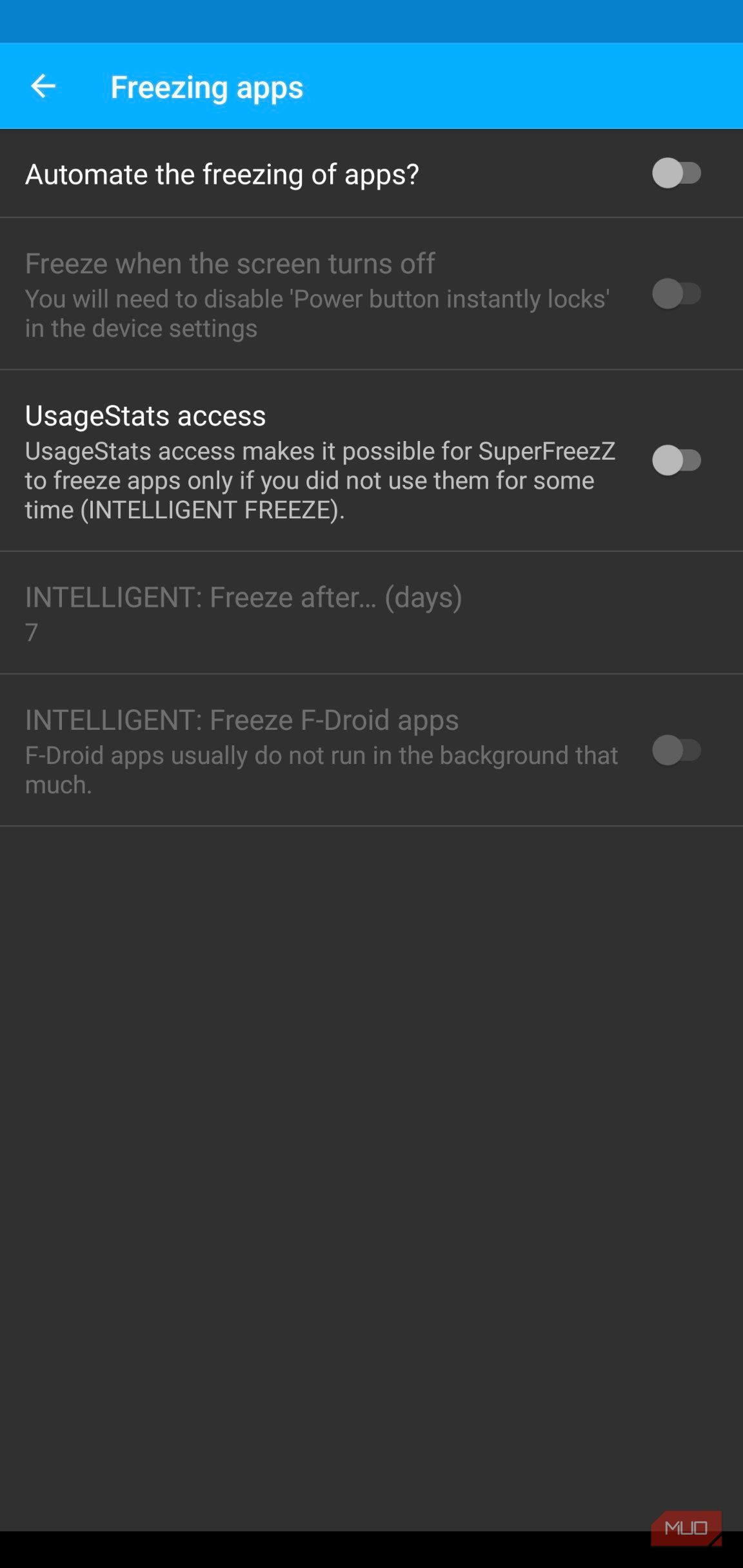 superfreezz freezing apps settings with toggle options and greyed out sections.
