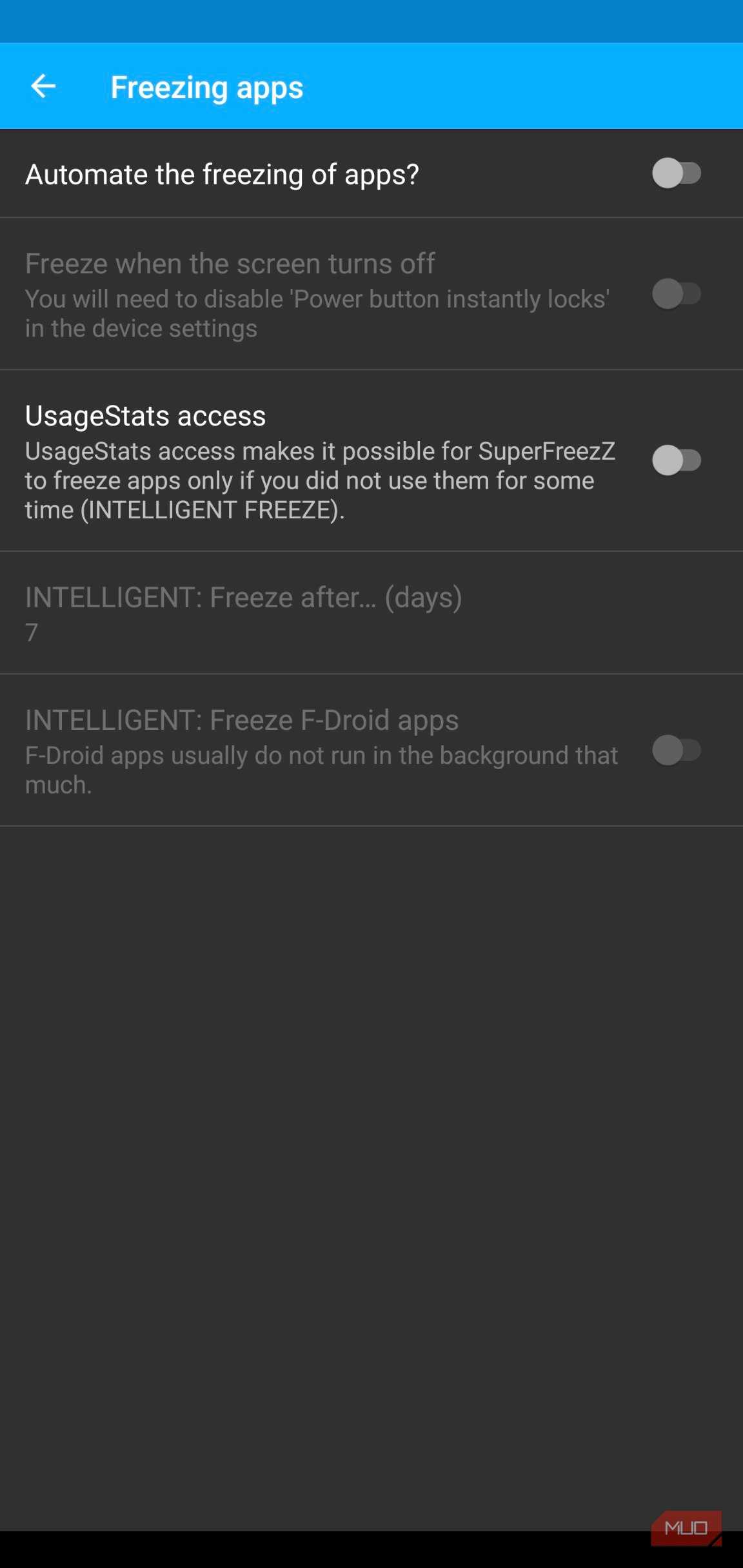 superfreezz freezing apps settings with toggle options and greyed out sections.