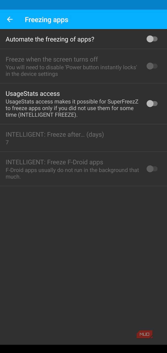 superfreezz freezing apps settings with toggle options and greyed out sections.