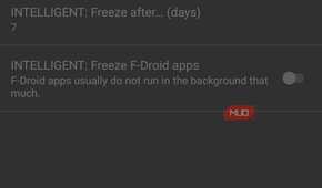 superfreezz freezing apps settings with toggle options and greyed out sections.