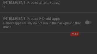 superfreezz freezing apps settings with toggle options and greyed out sections.