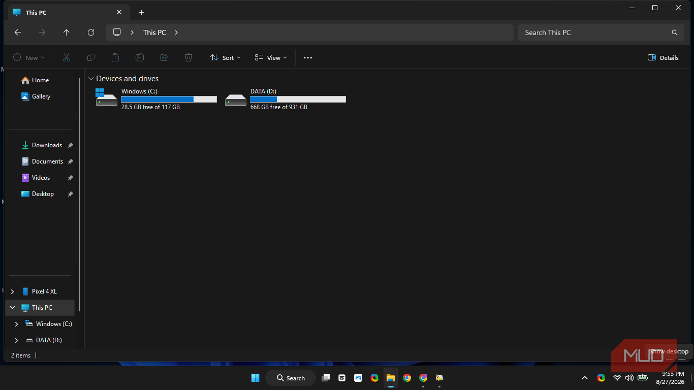 Windows File Explorer's This PC folder showing the final result of the system drive after BleachBit while the D drive stayed the same.