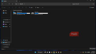 Windows File Explorer's This PC folder showing the final result of the system drive after BleachBit while the D drive stayed the same.