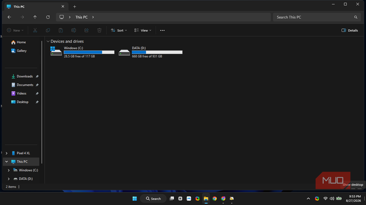 Windows File Explorer's This PC folder showing the final result of the system drive after BleachBit while the D drive stayed the same.