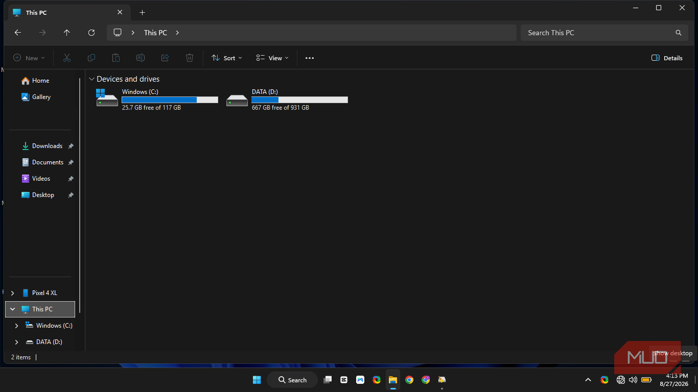Windows 11 File Explorer, showing the C drive and the D drive inside This PC folder.