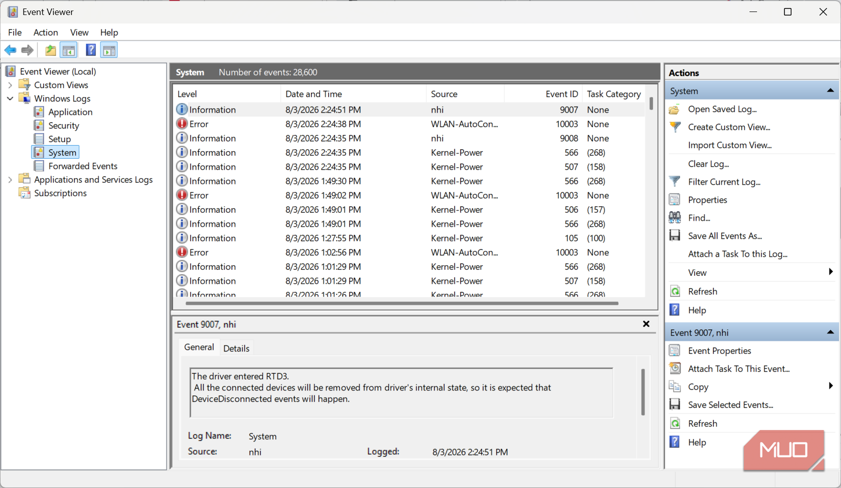System logs on Event Viewer