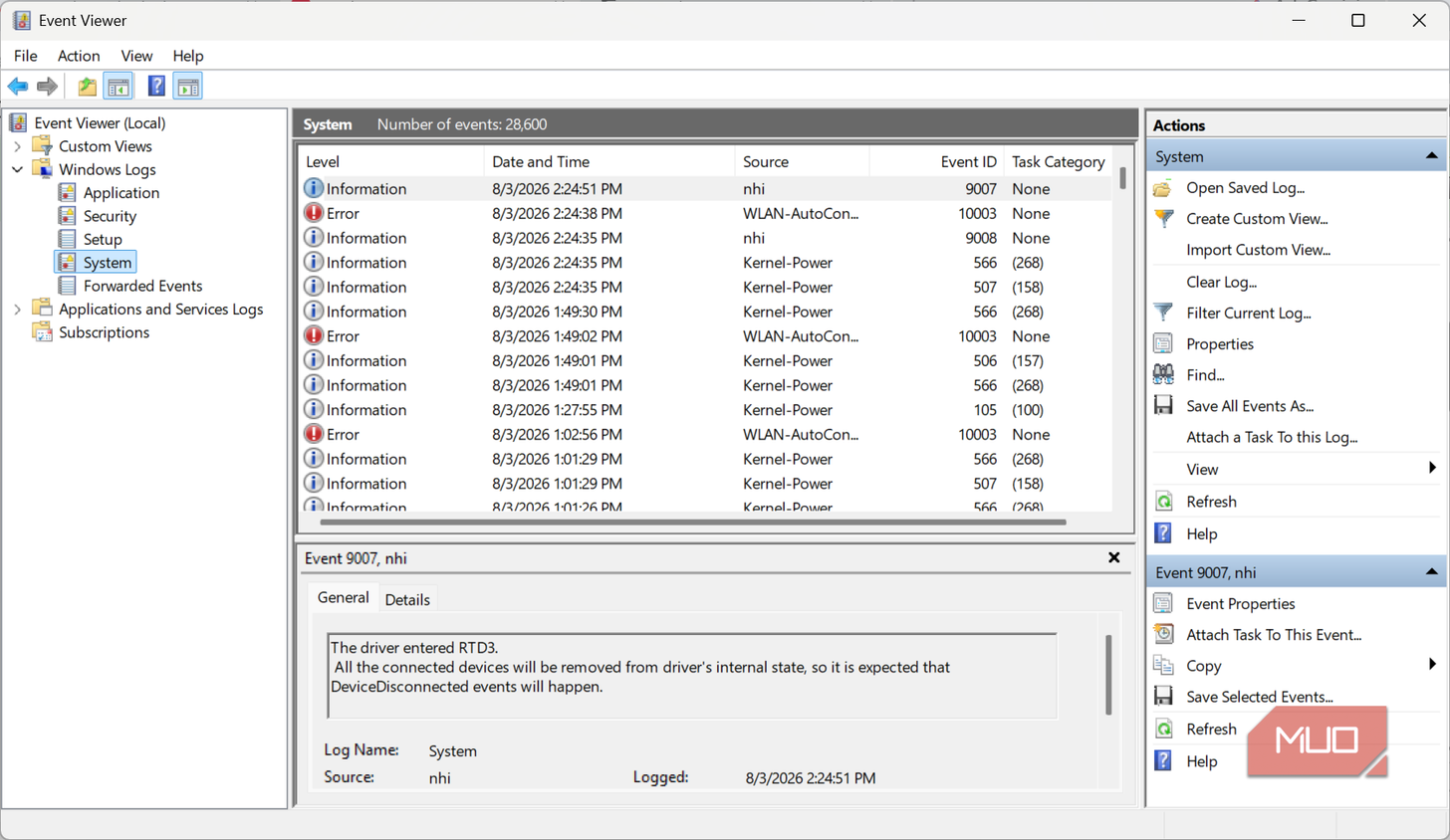 System logs on Event Viewer