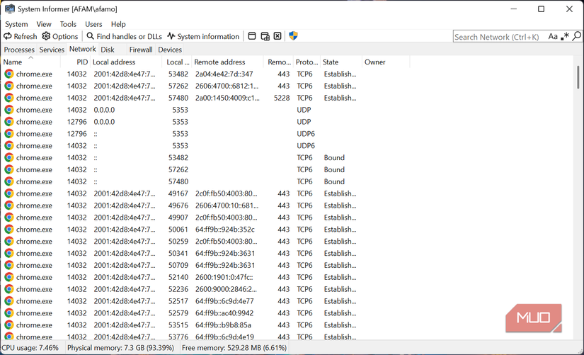 SystemInformer Network view