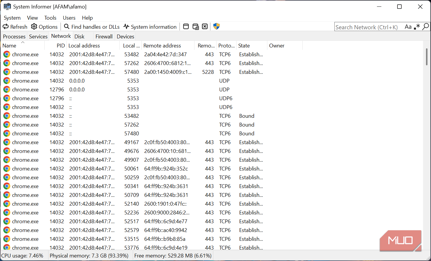 SystemInformer Network view
