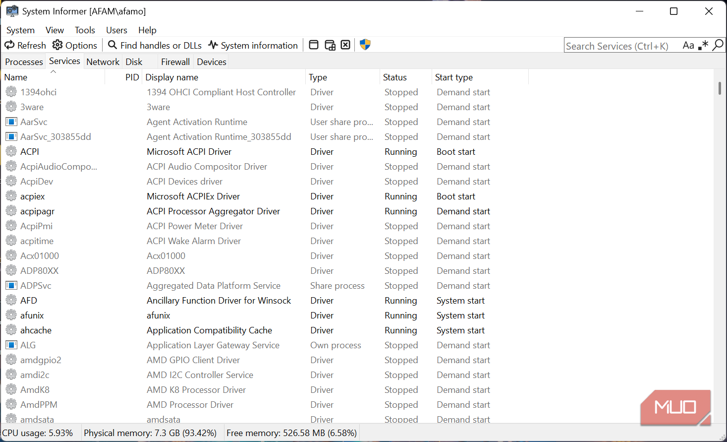 SystemInformer Services view