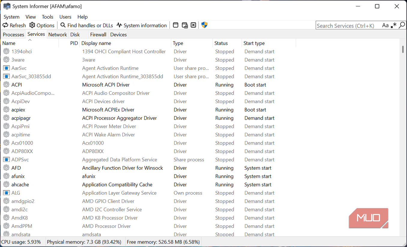 SystemInformer Services view