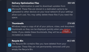 Temporary files in Windows cleanup tools showing downloads, temporary files, temporary internet files, recycle bin, and delivery optimization files.